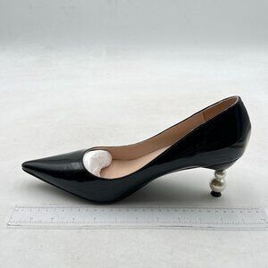 FSJ Black Pointed Toe Pumps Pearl Heel Slip On Office Cute Evening Dress Shoes